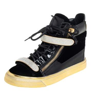 Pre Owned Giuseppe Zanotti Black Patent Leather and Velvet Crystal Strap High Top Sneakers Size 35