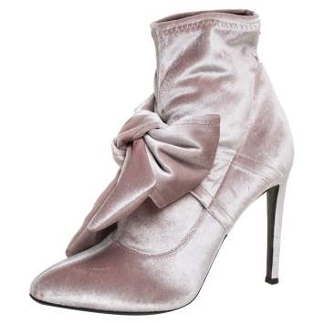 Pre Owned Giuseppe Zanotti Beige Velvet Bow Detail Ankle Boots Size 39.5