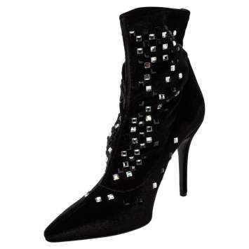 Pre Owned Giuseppe Zanotti Black Velvet Embellished Ankle Boots Size 41