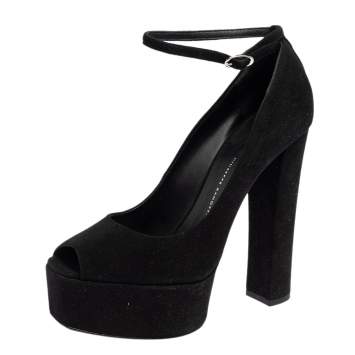 Pre Owned Giuseppe Zanotti Black Suede Peep Toe Platform Ankle Strap Pumps Size 40