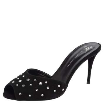 Pre Owned Giuseppe Zanotti Black Suede Crystal Embellished Slide Sandals Size 40