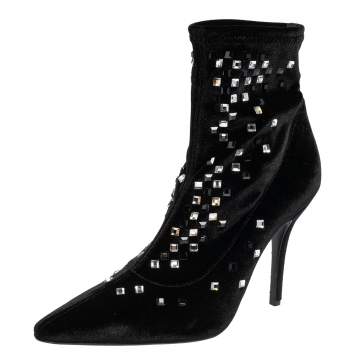 Pre Owned Giuseppe Zanotti Black Velvet Crystal Embellished Pointed Toe Ankle Boots Size 40