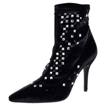 Pre Owned Giuseppe Zanotti Black Velvet Crystal Embellished Ankle Boots Size 39