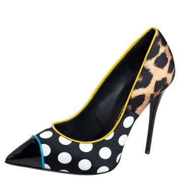 Pre Owned Giuseppe Zanotti Multicolor Leopard/Polka Dots Satin and Patent Leather Yvette Pointed Toe Pumps 37