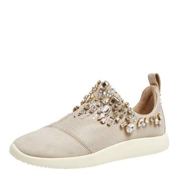 مملوكة مسبقًا Giuseppe Zanotti Grey/Beige Crystal Embellished Suede And Mesh May London Slip On Sneakers Size 37