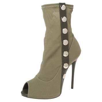 Pre Owned Giuseppe Zanotti Army Green Canvas and Studded Leather Peep-Toe Ankle Boots Size 37