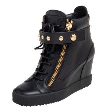 Pre Owned Giuseppe Zanotti Black Leather Lorenz Studded Wedge Sneakers Size 39