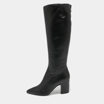 Pre Owned Giuseppe Zanotti Black Leather Pointed Toe Block Heel Knee Length Boots Size 38