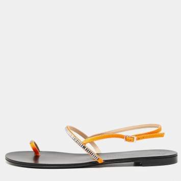 Pre Owned Giuseppe Zanotti Neon Orange Leather Crystal Embellished Toe Ring Slingback Flat Sandals Size 40