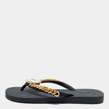 Pre Owned Giuseppe Zanotti Black Rubber Crystal Embellished Sunset Chain Detail Flip Flops Size 38