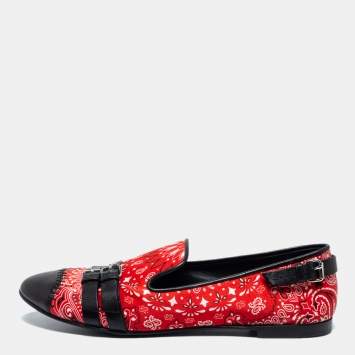 Pre Owned Giuseppe Zanotti Red/Black Printed Satin and Leather Buckle Detail Smoking Slippers Size 41