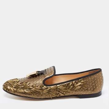 Pre Owned Giuseppe Zanotti Green/Black Leather Studded Smoking Slippers Size 41