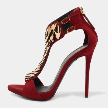 Pre Owned Giuseppe Zanotti Cherry Red Suede Embellished Peep Toe Sandals Size 36