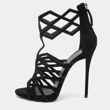 Pre Owned Giuseppe Zanotti Black Suede Cutout Caged Ankle Strap Sandals Size 38