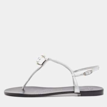 Pre Owned Giuseppe Zanotti Black /Silver Leather Crystal Embellished Thong Flats Size 38.5
