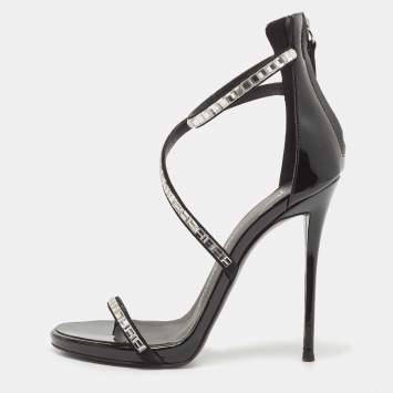 مملوكة مسبقًا Giuseppe Zanotti Black Patent Crystal Embellished Ankle Wrap Sandals Size 35