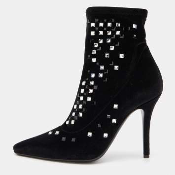 Pre Owned Giuseppe Zanotti Black Velvet Crystal Embellished Ankle Booties Size 38
