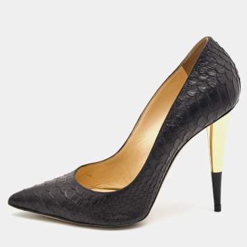 Pre Owned Giuseppe Zanotti Black Python Embossed Leather Pointed Toe Pumps Size 39.5