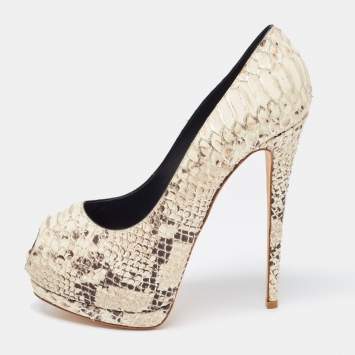 Pre Owned Giuseppe Zanotti Cream/Brown Python Embossed Leather Peep Toe Pumps Size 40
