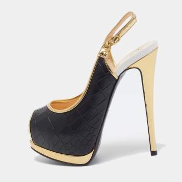 Pre Owned Giuseppe Zanotti Multicolor Croc Embossed Leather Peep Toe Platform Slingback Pumps Size 36
