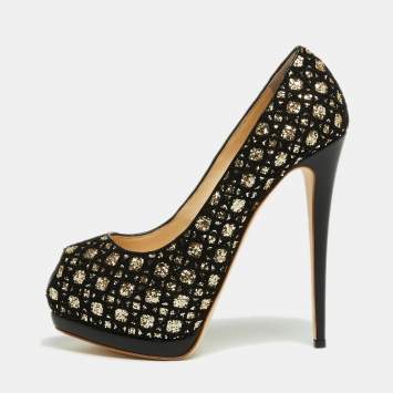 Pre Owned Giuseppe Zanotti Black/Gold Mesh and Glitter Platform Pumps Size 41