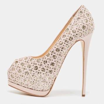 Pre Owned Giuseppe Zanotti Pink Glitter Lace and Leather Sharon Platform Peep Toe Pumps Size 41