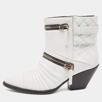 Pre Owned Giuseppe Zanotti White Quilted Leather Ankle Boots Size 37.5