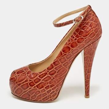 Pre Owned Giuseppe Zanotti Brown Croc Embossed Leather Peep Toe Platform Pumps Size 38.5