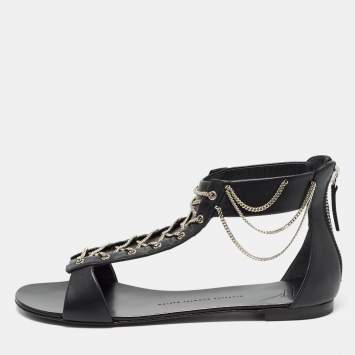 Pre Owned Giuseppe Zanotti Black Leather Roll Chain Flat Sandals Size 41