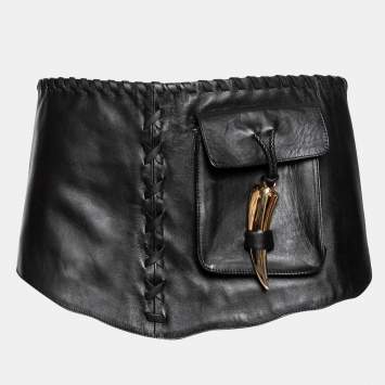 Pre Owned Giuseppe Zanotti Black Leather Metal Shark Tooth Wide Waist Belt
