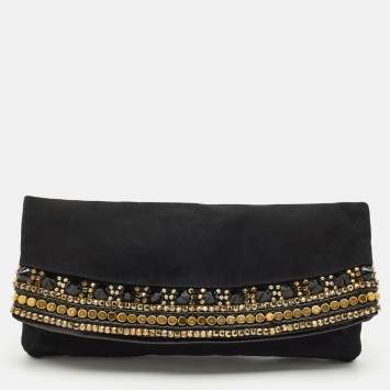 Pre Owned Giuseppe Zanotti Black Suede Crystals Embellished Clutch