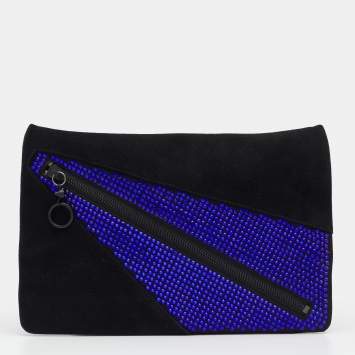 Pre Owned Giuseppe Zanotti Black Suede and Leather Embellished Zip Clutch