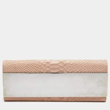 Pre Owned Giuseppe Zanotti Beige Python Embossed Leather Metal Trapezoid Clutch