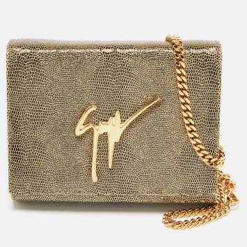 Pre Owned Giuseppe Zanotti Gold Lizard Effect Leather Chain Flap Shoulder Bag