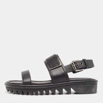 Pre Owned Giuseppe Zanotti Black Leather Crystal Embellished Slingback Sandals Size 37