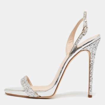 Pre Owned Giuseppe Zanotti Silver Coarse Glitter Slingback Sandals Size 41