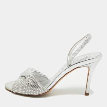 Pre Owned Giuseppe Zanotti Silver Leather Crystal Embellished Slingback Sandals Size 36