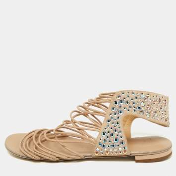 Pre Owned Giuseppe Zanotti Beige Suede Crystal Embellished Strappy Flat Sandals Size 38.5