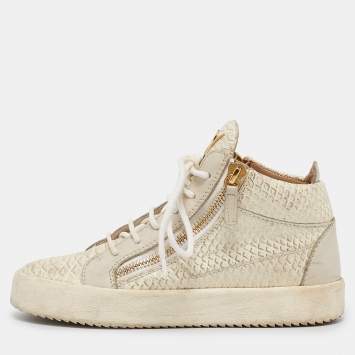 Pre Owned Giuseppe Zanotti Cream Python Embossed Leather Double Zip High Top Sneakers Size 37 