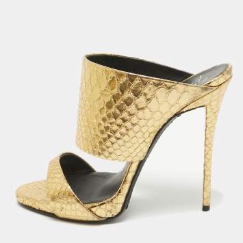 Pre Owned Giuseppe Zanotti Gold Embossed Python Andrea Slide Sandals Size 37