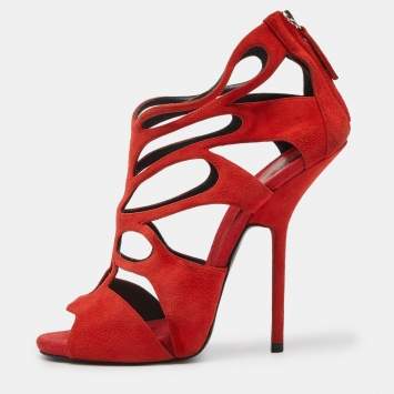 Pre Owned Giuseppe Zanotti Red Suede Butterfly Cutout Sandals Size 41