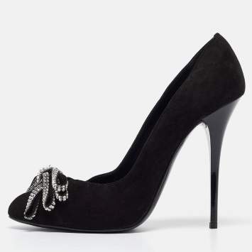 Pre Owned Giuseppe Zanotti Black Suede Crystal Embellished Bow Pumps Size 39