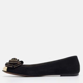 Pre Owned Giuseppe Zanotti Black Suede Studded Bow Ballet Flats Size 37