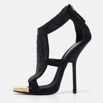 Pre Owned Giuseppe Zanotti Black Satin and Suede Crystal Embellished Ankle Strap Sandals Size 36.5