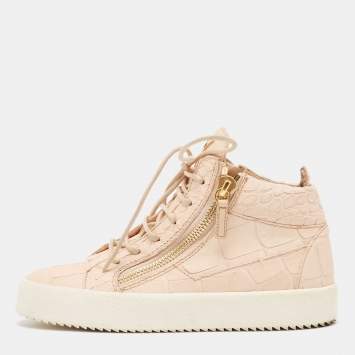 Pre Owned Giuseppe Zanotti Pink Croc Embossed Leather Double High Top Sneakers Size 37