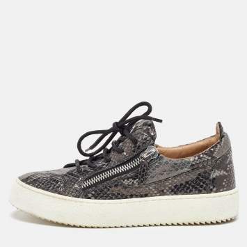 Pre Owned Giuseppe Zanotti Grey/Black Python Embossed Leather Frankie Sneakers Size 38