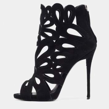 Pre Owned Giuseppe Zanotti Black Suede Cut Out Open Toe Booties Size 38