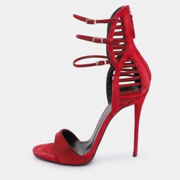 Pre Owned Giuseppe Zanotti Red Suede and Satin Caged Sandals Size 38