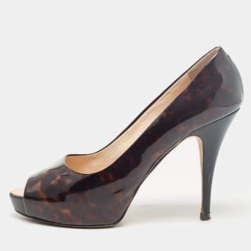 Pre Owned Giuseppe Zanotti Brown/Black Printed Patent Leather Peep Toe Pumps Size 38.5