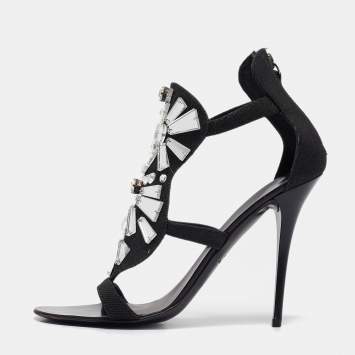 Pre Owned Giuseppe Zanotti Black Canvas Mirror Embellished Sandals Size 38